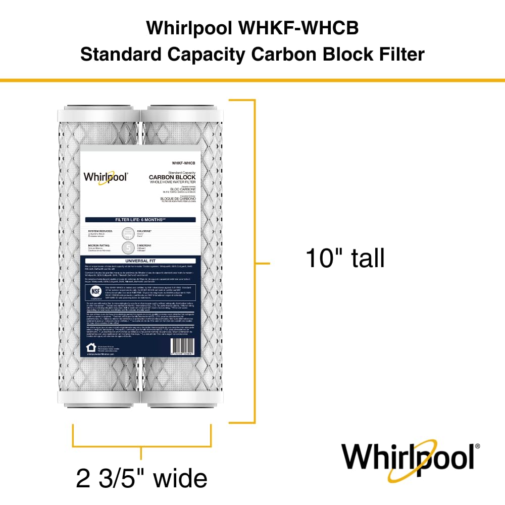 Whirlpool 10" x 2.5" Carbon Block Water Filter WHKF-WHCB, NSF Certified 5 Micron Reduces Chlorine and Sediment, 6-Month Life, CTO Replacement Cartridge Fits Home Filter Housing, Reverse Osmosis System