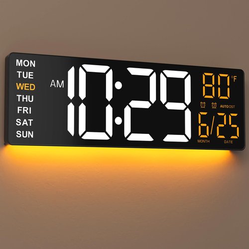 EASYERA 16.5" Large Digital Wall Clock with Anti-Glare Display, RGB Lights with 10 Scenes Mode Remote Control, Adjustable Brightness, Dual Alarms, Auto DST, BT Sync, Temperature for Living Room