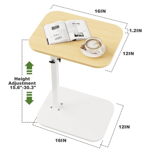YFGNOEMI C Shaped End Table for Couch, Adjustable Height Couch Side Table, Horizontal 360°Swivel Small TV Tray Table Couch Side Tables That Slide Under (Wood)