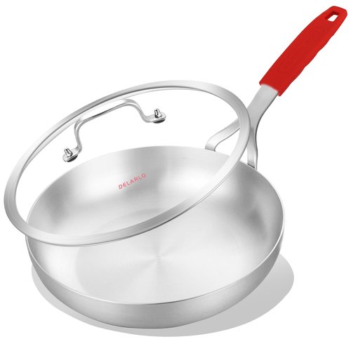 DELARLO Whole Body Tri-Ply Stainless Steel 12 Inch Frying Pan With Lid, kitchen large Skillet Suitable for All Stove Up to 600℉, 18/10 Cookware