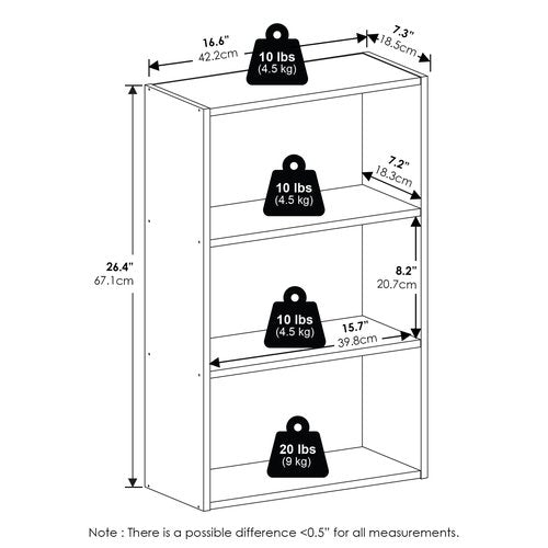Furinno Basic Book Shelf, 3-Tier Bookshelf, Cube Storage Organizer Bookcase with Open Shelf, 7 x 17 x 26, for Living Room, Bedroom, Home Office, Espresso