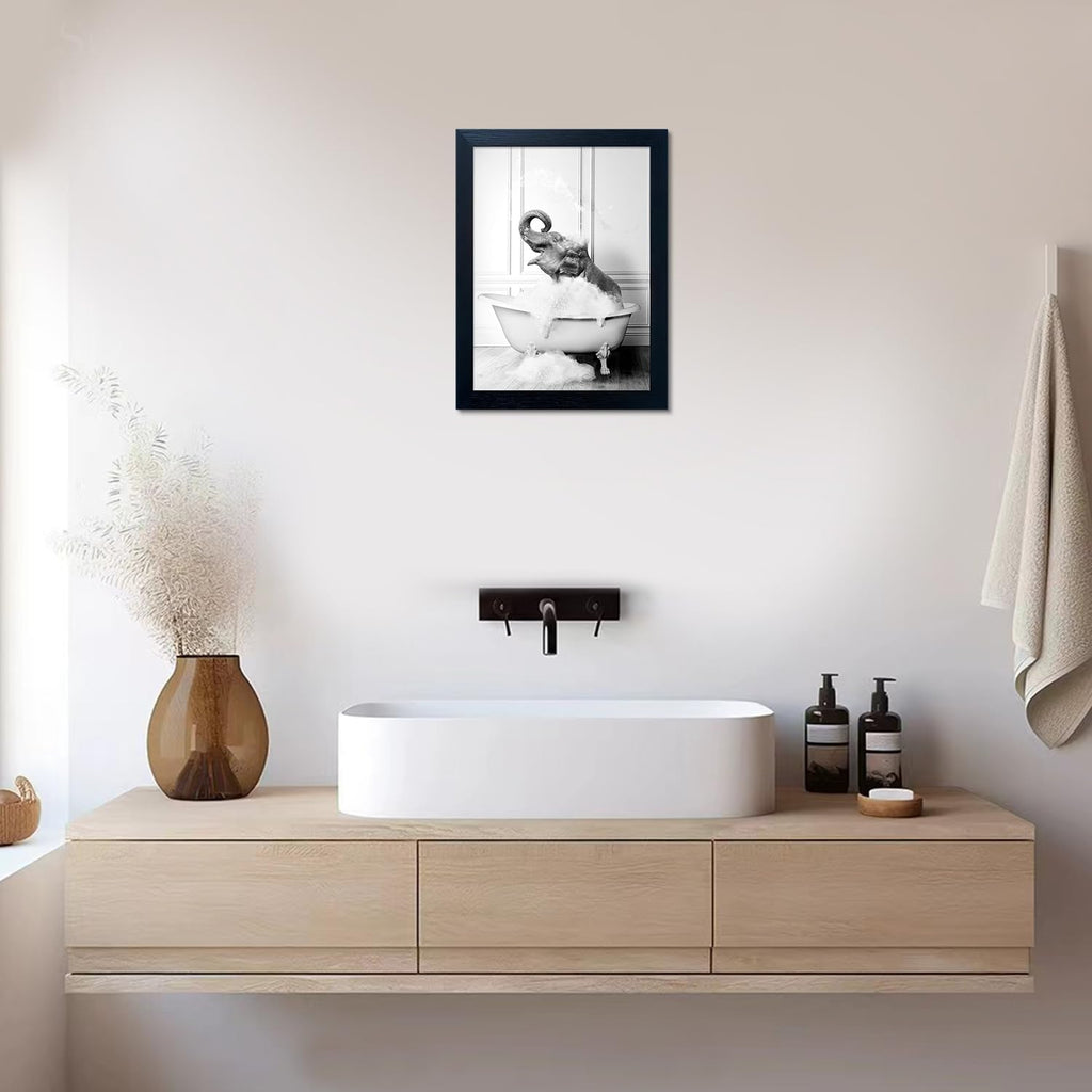 Regine Switzerland Framed Bathroom Decor - Funny Elephant in Bathtub Canvas Art | Black and White Wall Print