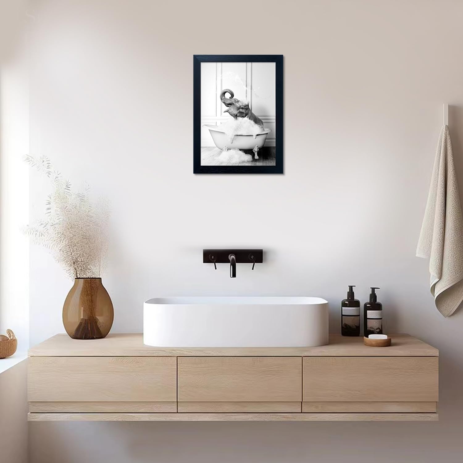 Regine Switzerland Framed Bathroom Decor - Funny Elephant in Bathtub Canvas Art | Black and White Wall Print