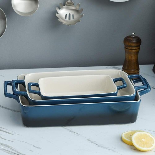 KOOV Bakeware Set - Ceramic Baking Dish Set with Rectangular Pans | 3-Piece Gradient Blue, 12 x 8.5 Inches