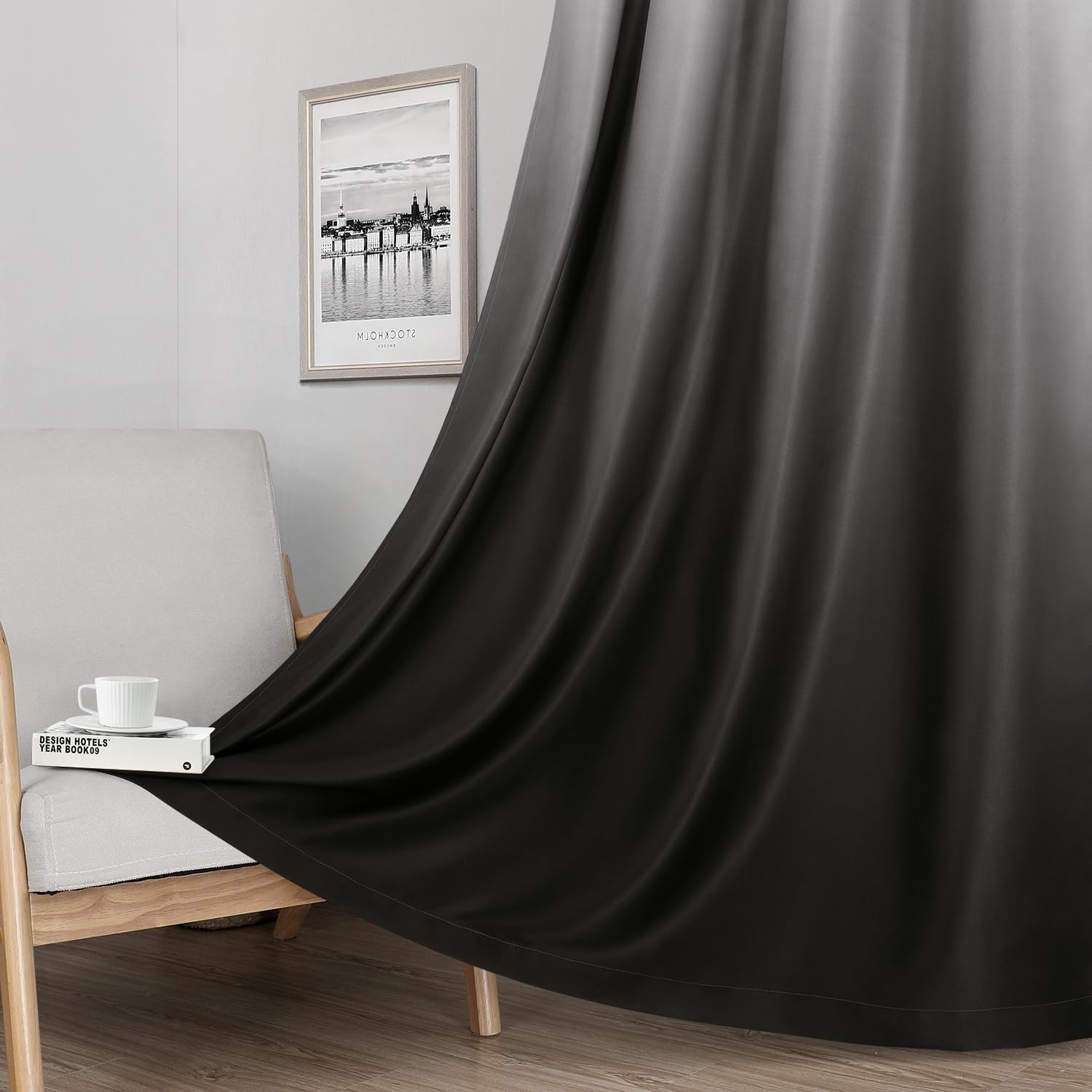 HOMEIDEAS Black 100% Ombre Blackout Curtains for Bedroom, 52 X 84 Inches Long Room Darkening Gradient Light Blocking Thermal Insulated Grommet Drapes for Living Room, 2 Panels