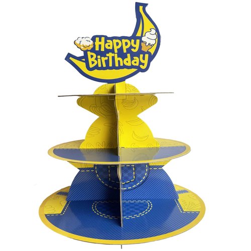Terasilian Cartoon Yellow 3-Tier Cupcake Stand for 24 Cupcakes Yellow Cupcake Stand for Birthday Party Supplies Cupcake Dessert Stand Cupcake Toppers for Party Decorations