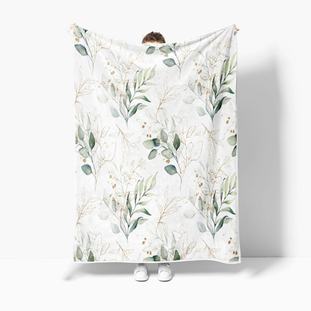 Eucalyptus Leaf Blanket, Botanical Plants Throw Blanket, Soft, Flannel, Warm, Watercolor Floral Throw Blankets Green Botanical Floral Aesthetic Bed Blankets for Couch Bedroom Living Room 50X60 Inch