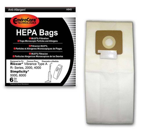 EnviroCare Replacement HEPA Filtration Vacuum Cleaner Dust Bags made to fit Riccar Vibrance Type A R-Series, 2000, 4000, Simplicity 5000, 6000 6 Pack