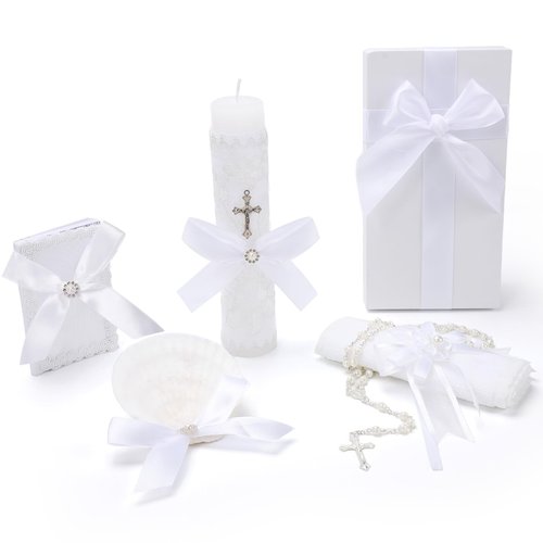 Baptism Candle Set for Boys and Girls,White 5 PCS Baptism Kit Catholic Candle,Baptismal Towel,Shell,Rosary,Bible for Baptismal Christening First Communion Gift,Velas para Bautizo De Niño o Niña