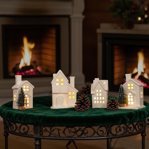 Christmas Village Set - 4 Lighted Ceramic Houses & 3 Trees | Indoor White Christmas Decorations