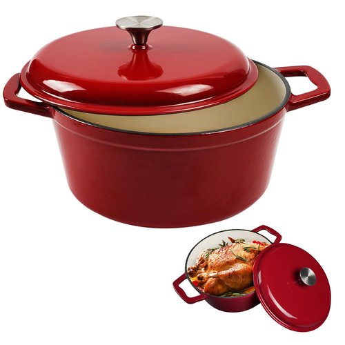 KOOMADE Dutch Oven Pot with Lid- 4.75 Quart Enameled Cast Iron Round Dutch Oven Stockpot With Dual Handles- Oven Safe up to 500°F, Heavy Duty Nonstick Cookware Safe for Bread Baking, Stews, Braising- Red (Red 4.75QT)