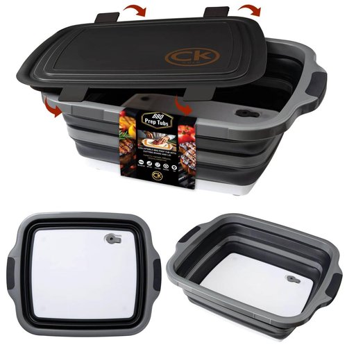 CK GOLD Collapsible BBQ Prep Tub - Includes Cutting Board, LOCKING Lid & Strong Drain Hole for Meal Prep & Marinating | BPA-Free, Food-Grade BBQ & Meat Prep Tubs, Best Grilling Gifts (Black, 8 L)