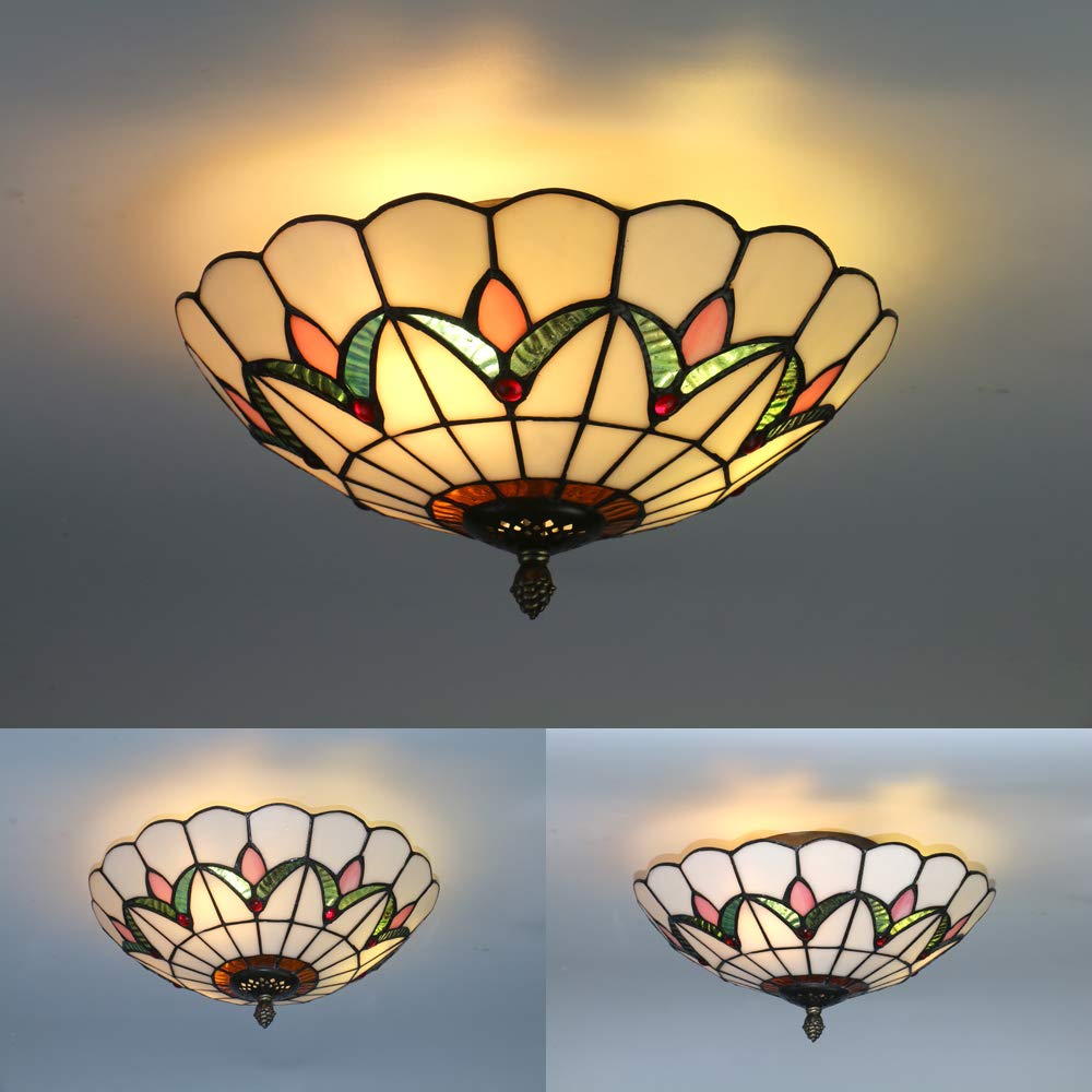 Skyweel Tiffany Style Ceiling Light Vintage Stained Glass Flush Mount Ceiling Lighting Fixtures Lamps (12 Inch W)