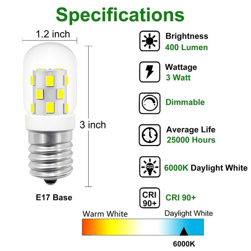 LED Microwave Light Bulbs Under Hood 40W Equivalent - E17 Base for Whirlpool Microwave Light Bulb, 3W 125V T7 Appliance Oven Light Bulbs for Range Hood,400 Lumens, 6000K Daylight, 2 Pack