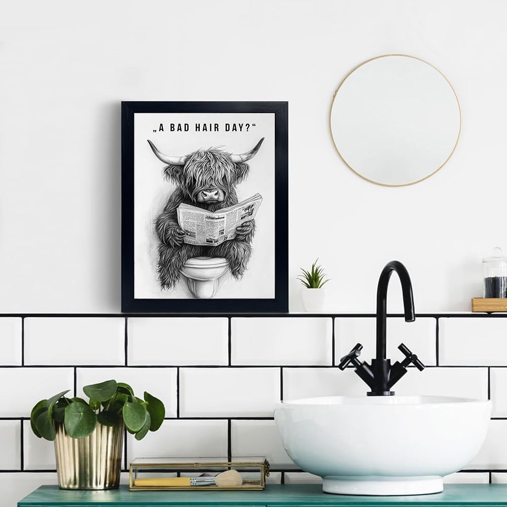 Orvannaatr Highland Cow Wall Art - Humorous Sketch of Cow on Toilet for Fun Bathroom Décor