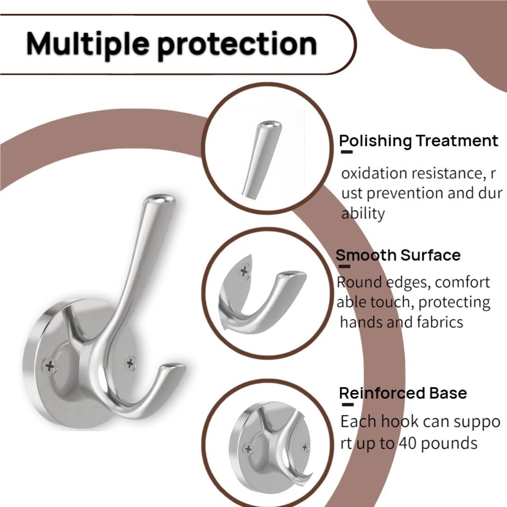 Ojeemii Brushed Nickel Wall Hooks, 2 Pack Heavy Duty Towel Hooks for Bathrooms, Hand Towel Hooks for Bathrooms Entryway Cubicle Kitchen