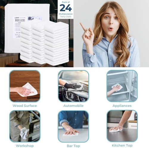 Looperry White Terry Cloth Rags (24 Pack) 13"x13" Inches Commercial Grade Dish Cloth Multipurpose Cleaning Rags for Housekeeping, Car Wash. Absorbent & Reusable Bar Mop Towels for Kitchen Cotton