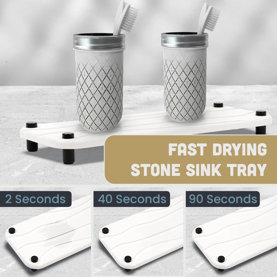 Stone Drying Tray Set - Diatomite Kitchen Sink Organizer | Water-Absorbing Bathroom Mat (White)