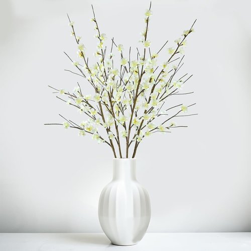 Krissing Artificial Cherry Blossom Branches - 39” Tall White Faux Flowers for Home & Wedding Decor