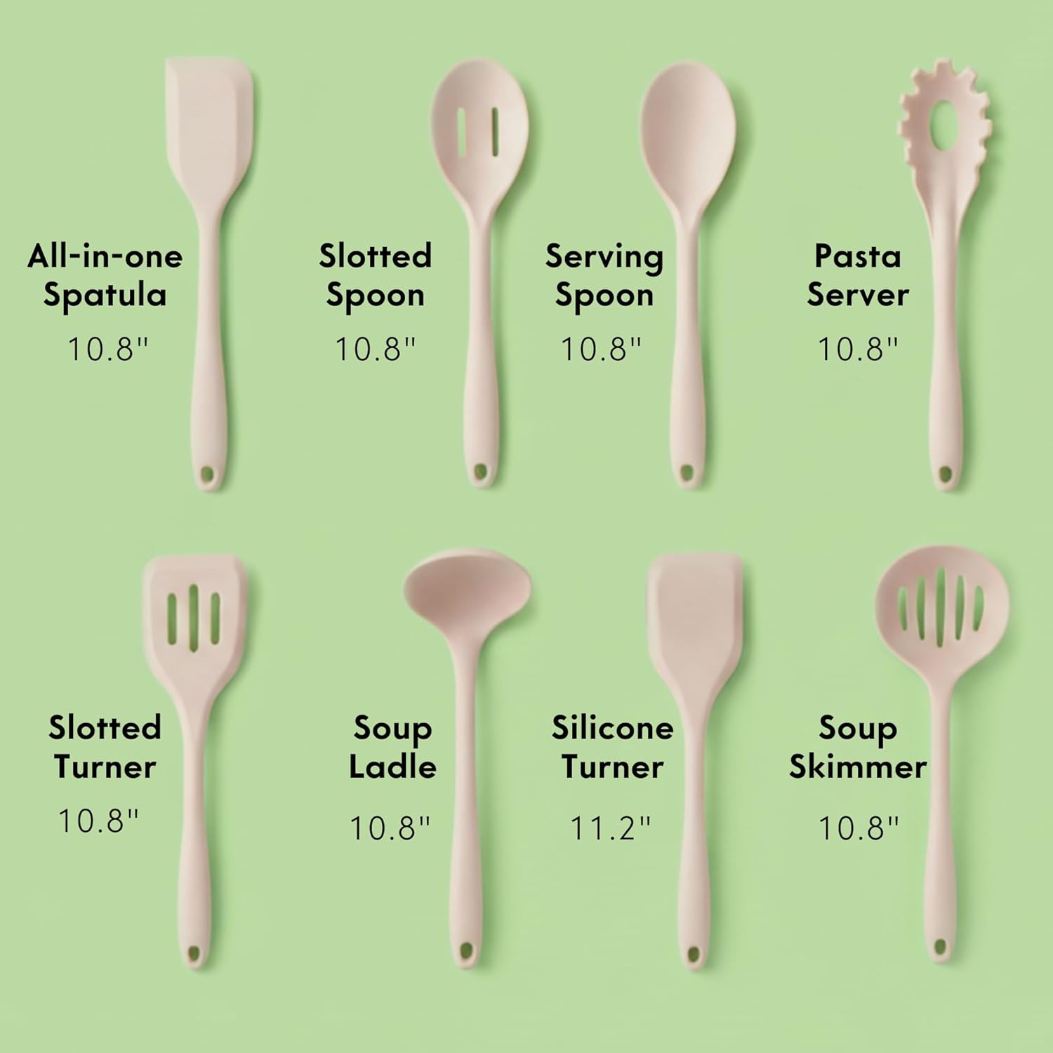 Skiennix Non-Toxic Silicone Kitchen Utensil Set - 8 Heat Resistant Cooking Tools, Beige, 100% Plastic Free