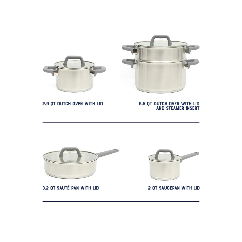 Oster Beauford 9-Piece Stainless Steel 5-Ply Encapsulated Base Cookware Set – Non-Toxic, Induction Compatible Pots and Pans with Stay-Cool Handles – Dishwasher Safe
