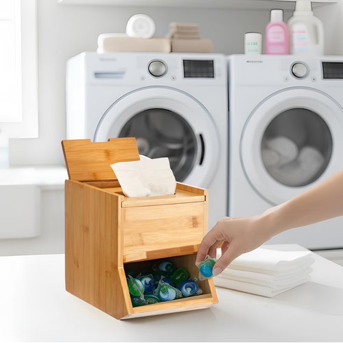 Fiwochic Bamboo Laundry Pods Container 10.6 x 8.3 x 6.9 Inch, 3 in 1 Multi Purpose Storage Organization Container for Laundry Pods, Facial Tissues, Disposable Gloves, Dryer Sheet Box