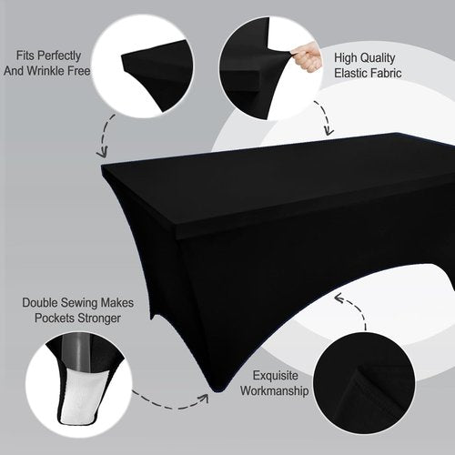 FOLINS&HOME Black 4ft Fitted Rectangle Tablecloth - Water-Resistant Spandex Cover for Events