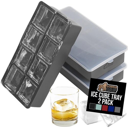 GORILLA GRIP Slow Melting Large Silicone Ice Cube Tray for Freezer, 2 Pack, Easy to Push 8 Giant Square Cubes, Use for Cocktails, Iced Coffee, Water Bottle, Frozen Puree, Kitchen Bar Essentials, Gray