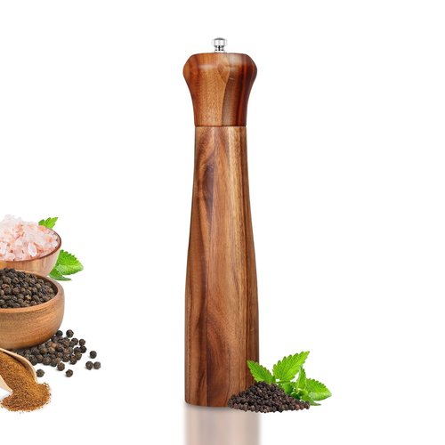 1 Pack - 10 Inch tall Acacia Wood Pepper Grinder or Salt Mill Elegant Pepper Mill Wooden with a Adjustable Ceramic Rotor and Easily Refillable - Wood Salt Grinder for Your Kitchen
