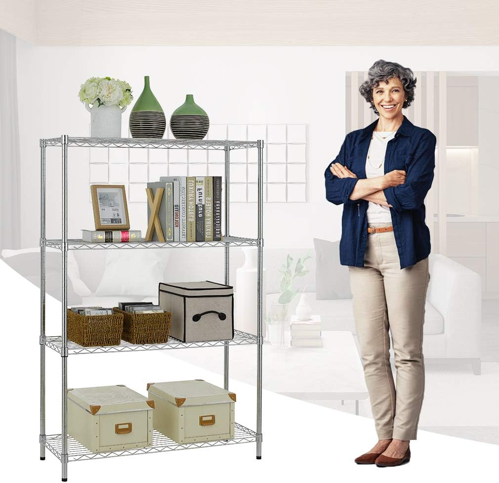 BestOffice | 4-Tier Chrome Wire Storage Shelves | Heavy-Duty Metal | 36x14x54 | Adjustable Racks | Easy No-Tool Assembly
