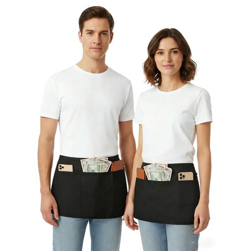 BOHARERS 100% Cotton Server Aprons 3 Pack Waiter Waitress Apron Short Apron with Pockets Restaurant BBQ 12 Inch Black