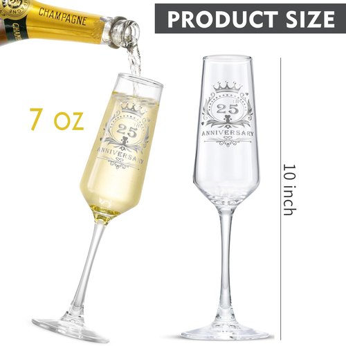 ROXBURGH 25th Wedding Anniversary Champagne Flutes Present Rhinestones Studded, 25th Anniversary Decorations 7 OZ Crystal Champagne Glasses Set of 2, Wedding Present, Couples