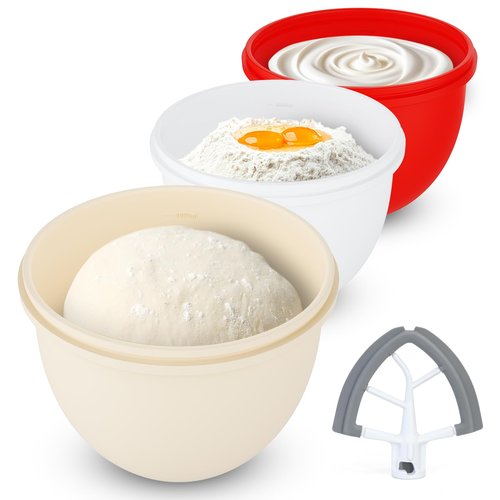 Silicone Bowl Insert Liners for KitchenAid 5 Qt Mixer, Included 1 Flex Edge Beater and 3 Liners with 3 Lids