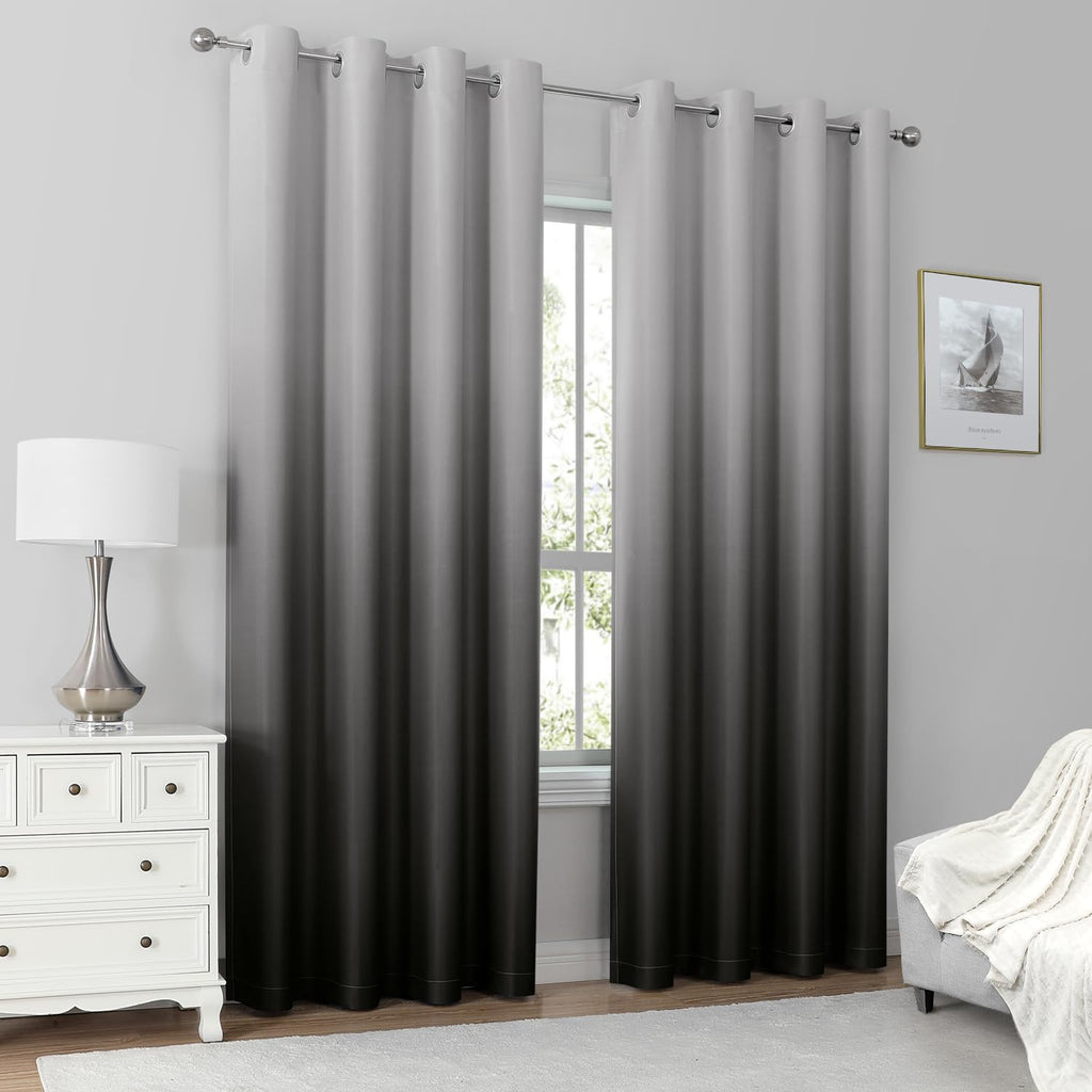 HOMEIDEAS Black 100% Ombre Blackout Curtains for Bedroom, 52 X 84 Inches Long Room Darkening Gradient Light Blocking Thermal Insulated Grommet Drapes for Living Room, 2 Panels