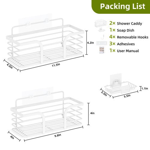 Yougai Shower Caddy, Shower Organizer with Soap Holder and Hooks, Rustproof Shower Shelves, No Drilling Bathroom Organizers and Storage, Wall-Mounted Kitchen & Home Decor (White)