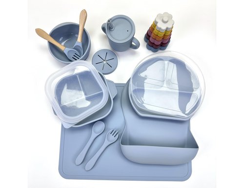 No-Mess Baby Feeding Set — Strong Suction Bowls + Soft Spoons (8-Piece) (Blue)