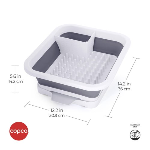 Copco White Collapsible Dish Rack with Soft Pegs to Prevent Scracthes on Glasses, Pans, ect, Allowing Optimal Drying, Featuring Angled Drain Board and Removable Flatware Caddy Maximum Drying Space