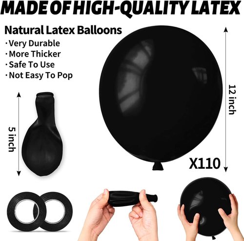 Black Balloon 12 Inch - 110pcs Premium Latex Balloons for Birthday, Baby Shower, Wedding | Includes 2 Ribbons