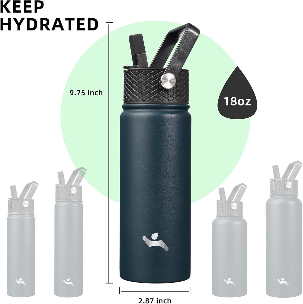 Skiennix 18 Oz Insulated Stainless Steel Water Bottle - Versatile Sport Bottle with 3 Lids | Navy Blue