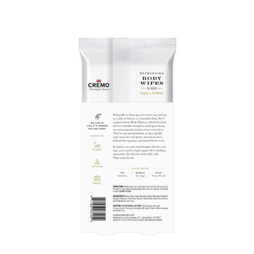 Cremo Refreshing Sage & Citrus Body Wipes, A Revitalizing Combination of Bright Mandarin, Dry Herbs and White cedar, 60 Count