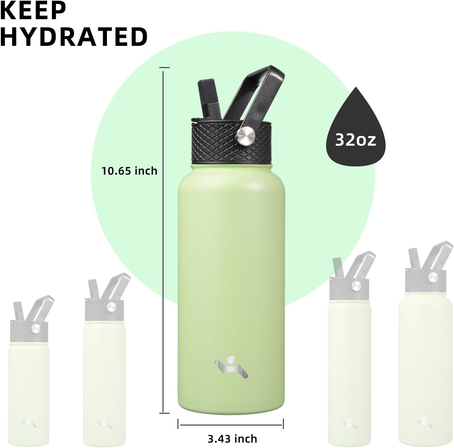Skiennix 32 Oz Insulated Stainless Steel Water Bottle - Sport Bottle with 3 Lids | Macaron Green