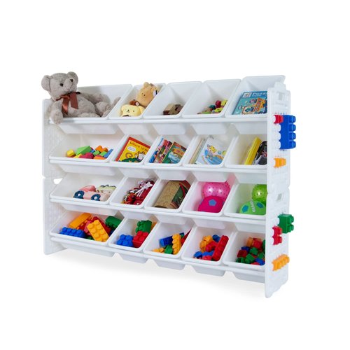 UNiPLAY Toy Organizer with 20 Removable Storage Bins, Multi-Bin Organizer for Books, Building Blocks, School Materials, Toys with Baseplate Board Frame (White)
