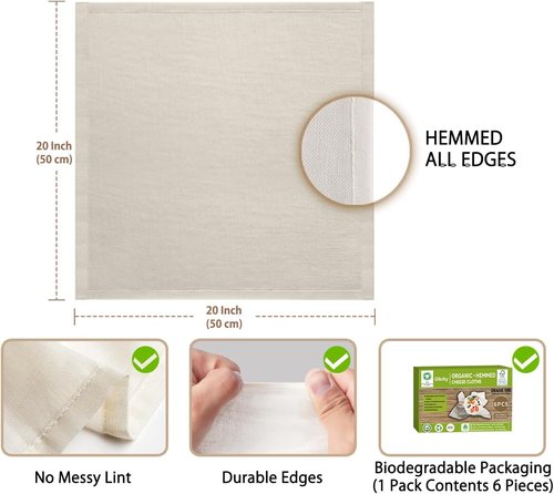 GOTS Certified Organic Cheese Cloths - 100% Cotton Unbleached Muslin | 6PCS, 20x20 Inch, Reusable Fine Mesh