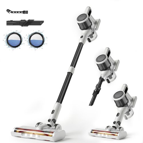BSNAW Cordless Vacuum Cleaner for Home - Lightweight, Stick Vacuum Clean with Rechargeable Battery, Max 45Mins Runtime, 8 in 1 Handheld Vacuum for Hardfloor & Carpets Pet Hair, White&Yellow