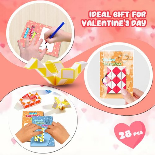 28 Pack Valentine's Day Gifts for Kids Snake Twist Puzzle Toys Magic Stress Relief Fidget with Greeting Cards, Boys and Girls Classroom Exchange Prizes Party Favour