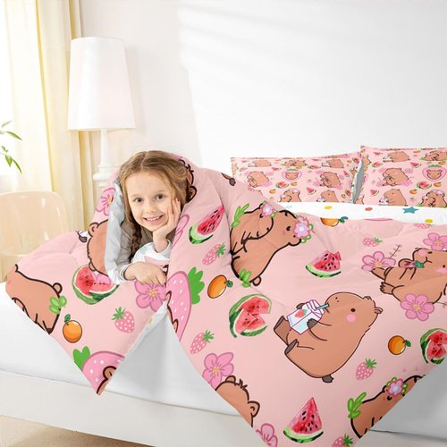 Capybara Lover Bedding Set, Capybaras Decor Comforter Set Twin For Kids Girls Bedroom, Cartoon Rodent Animals Quilted Duvet Capybara Decorations Watermelon Strawberry Duvet Insert Kawaii Decor, Pink