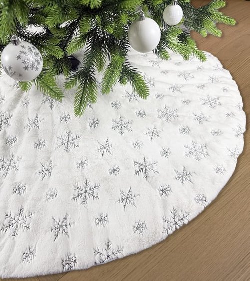 AOGU 60 Inch Sequin Faux Fur Christmas Tree Skirt Decoration for Merry Christmas Party White Plush Silver Sequin Snowflake Xmas Christmas Tree Skirt Decorations