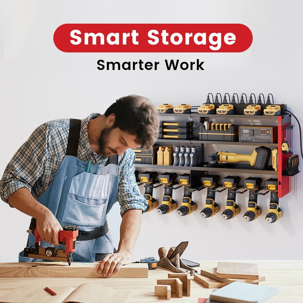 Power Tool Organizer by [Brand Name] - Heavy Duty Wall Mount Tool Shelf with Power Strip | 400lbs Capacity, 12 Slots