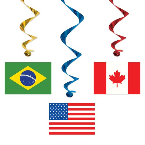 Beistle 5 Count International Flag Hanging Spirals (Pack of 2) - Green, Red, Blue, Yellow - Plastic and Cardstock
