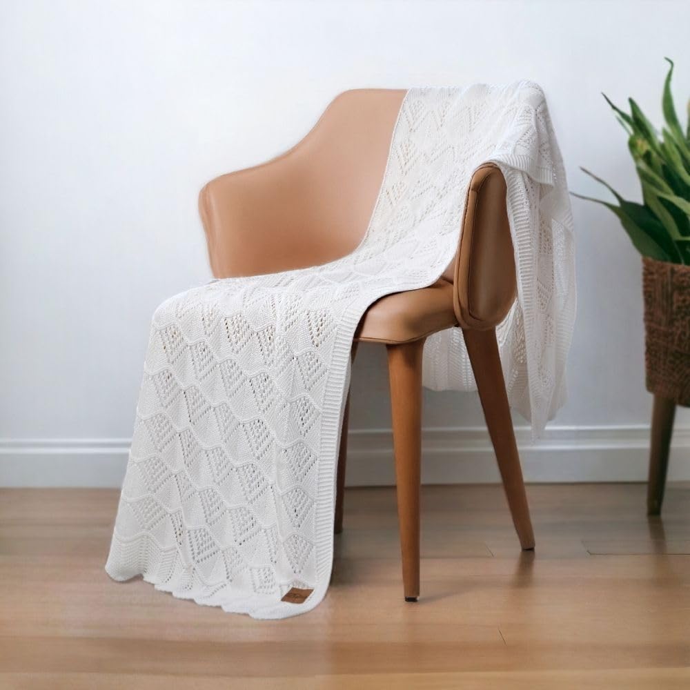 Dalisa Knitted Throw Blanket 100% Austrian Eucalyptus Lyocell Tencel™ Premium Boho Vintage Knit Throw Blanket 50"x60" Natural - Cozy, Chunky & Comfy Stitch for Snuggle Lounging Emily